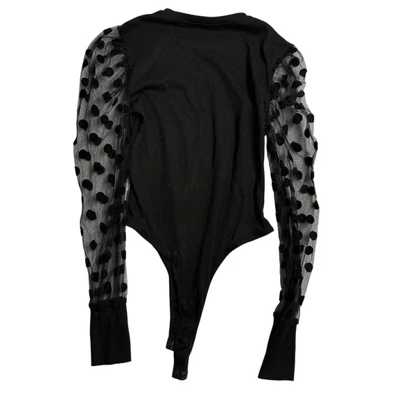 Shein Black Bodysuit Top Polka Dot Mesh Puff Long Sleeves Ribbed Womens‎ Medium - Picture 6 of 7